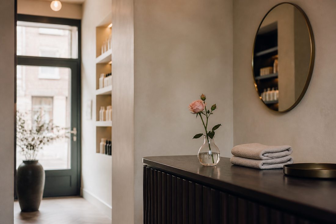 Boutique salon corner with a brass-framed mirror, blush rose in a bud vase and folded towels. Editorial atmosphere, not a client interior.